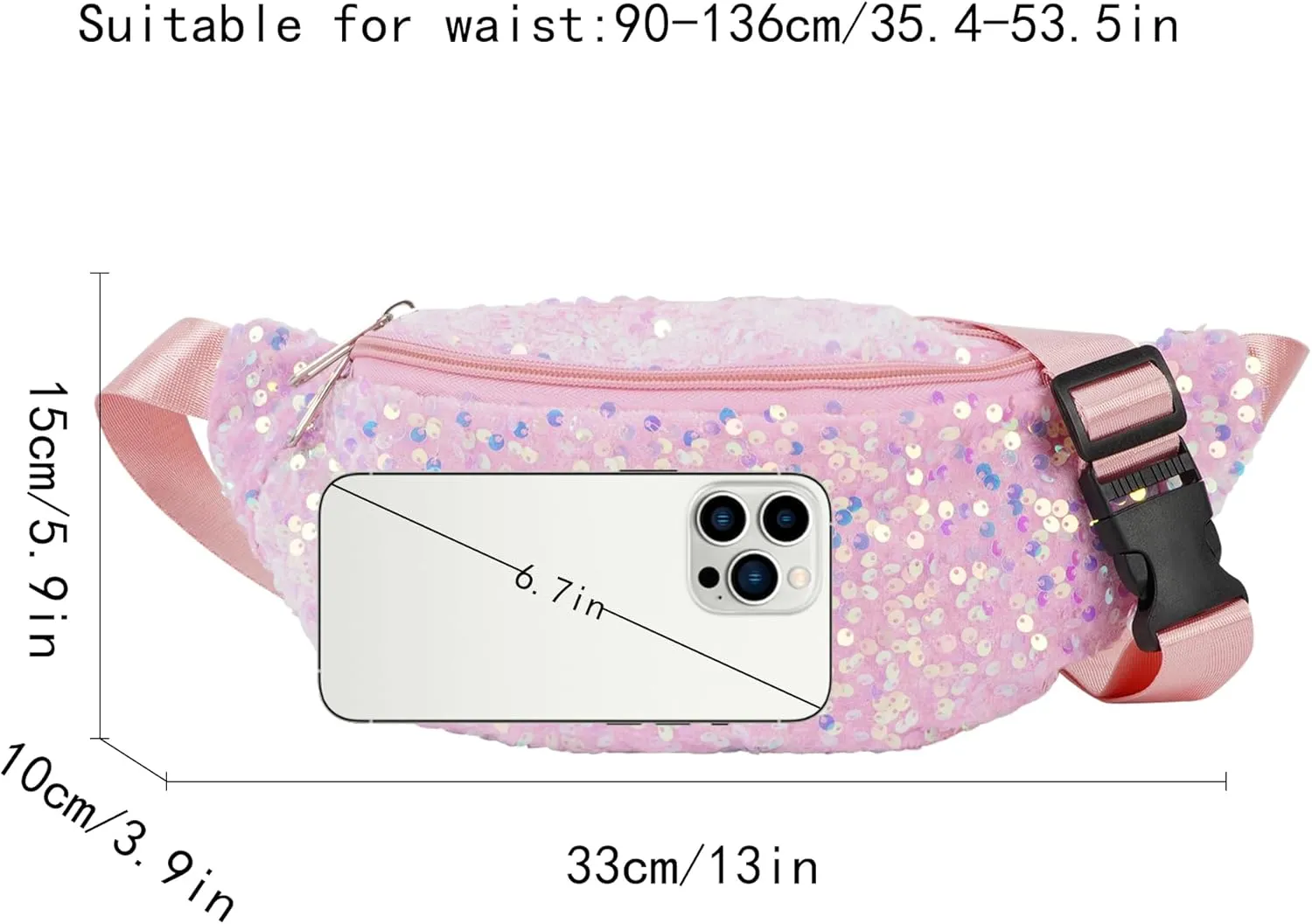 ZLM BAG US Dazzling Sequins Fanny Pack Zip Waist Pack Chest Bag Phone Purse Wide Straps Crossbody Shoulder Bag