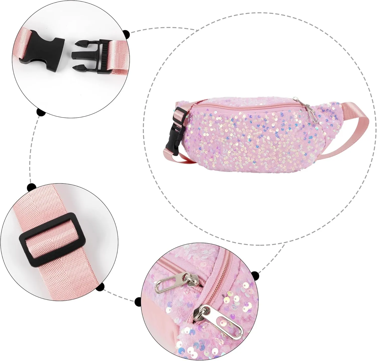 ZLM BAG US Dazzling Sequins Fanny Pack Zip Waist Pack Chest Bag Phone Purse Wide Straps Crossbody Shoulder Bag