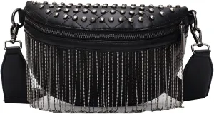 ZLM BAG US Small Studs Rivet Fanny Pack Metal Tassels Decor Waist Pack Chest Bag Phone Purse X-Black