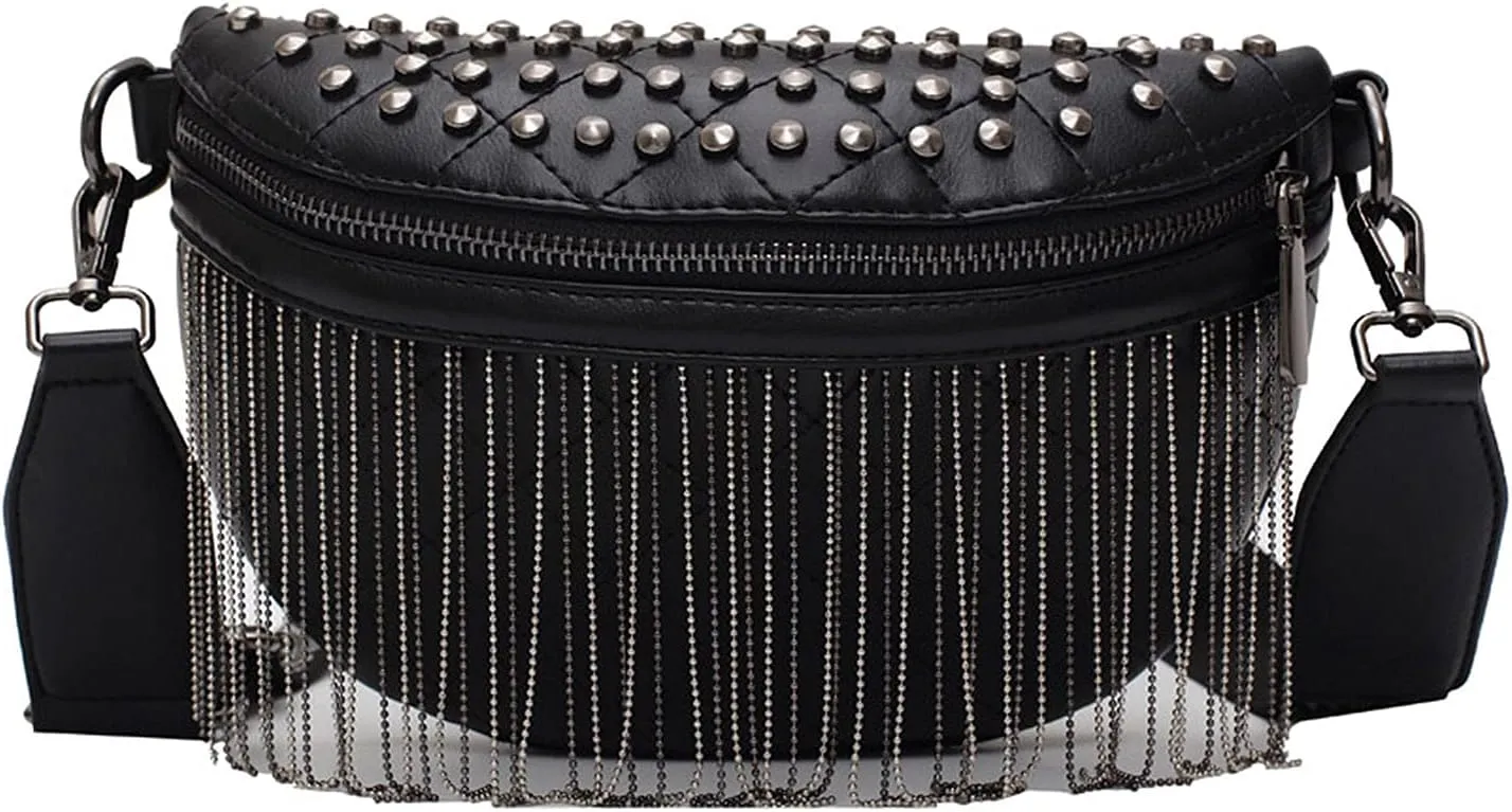 ZLM BAG US Small Studs Rivet Fanny Pack Metal Tassels Decor Waist Pack Chest Bag Phone Purse X-Black