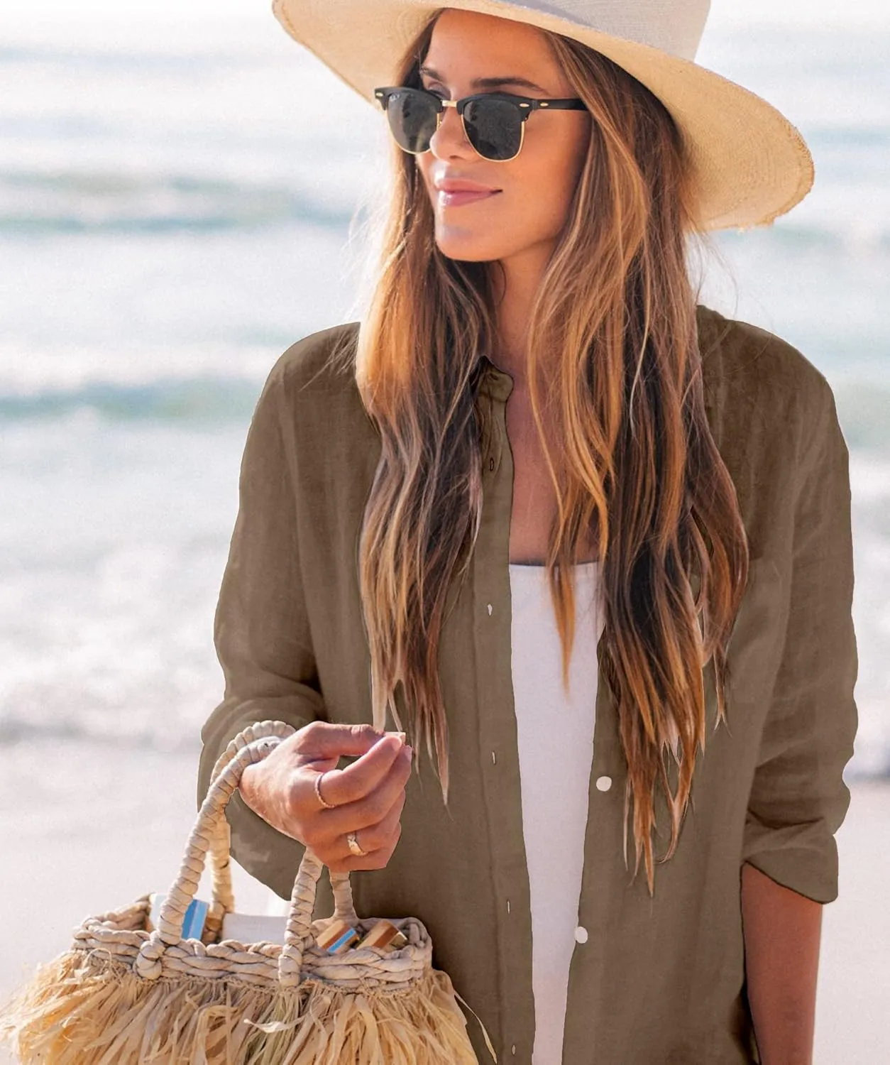 Zoye Chen Women’s Bikini Swimsuit Cover Up Button Down V Neck Shirts Long Sleeve Blouse Beachwear Bathing Suit